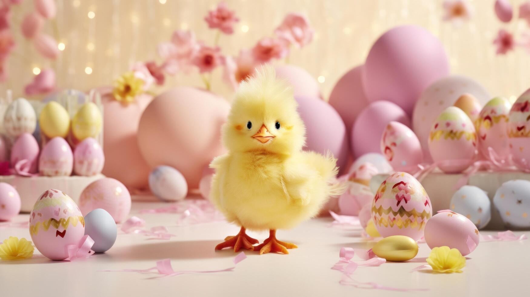 AI generated Cute chicks and Easter decorations combine to form an adorable background for stylish and festive promotions. photo