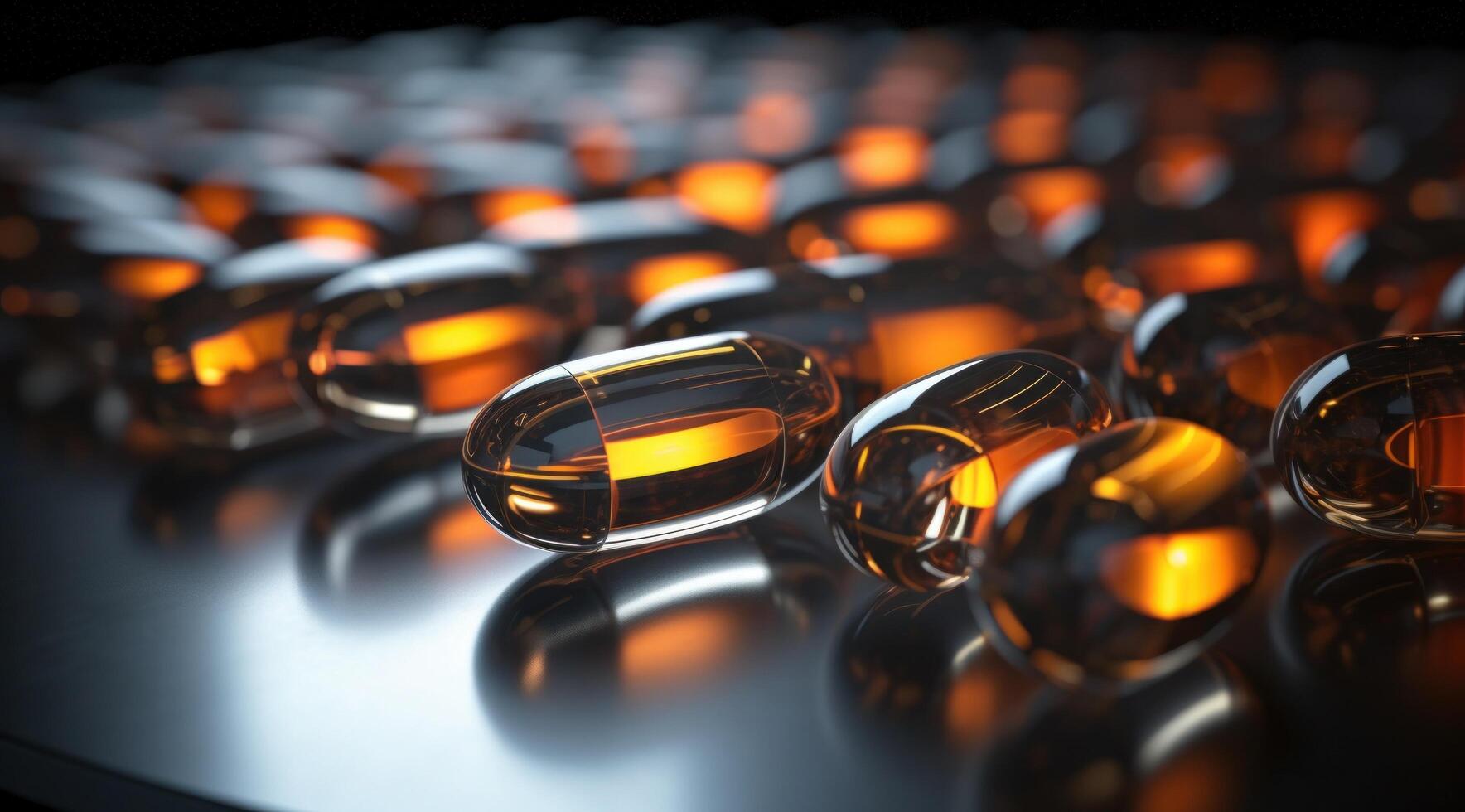 AI generated close up of glass pills in a pack, in the style of machine-like forms. photo