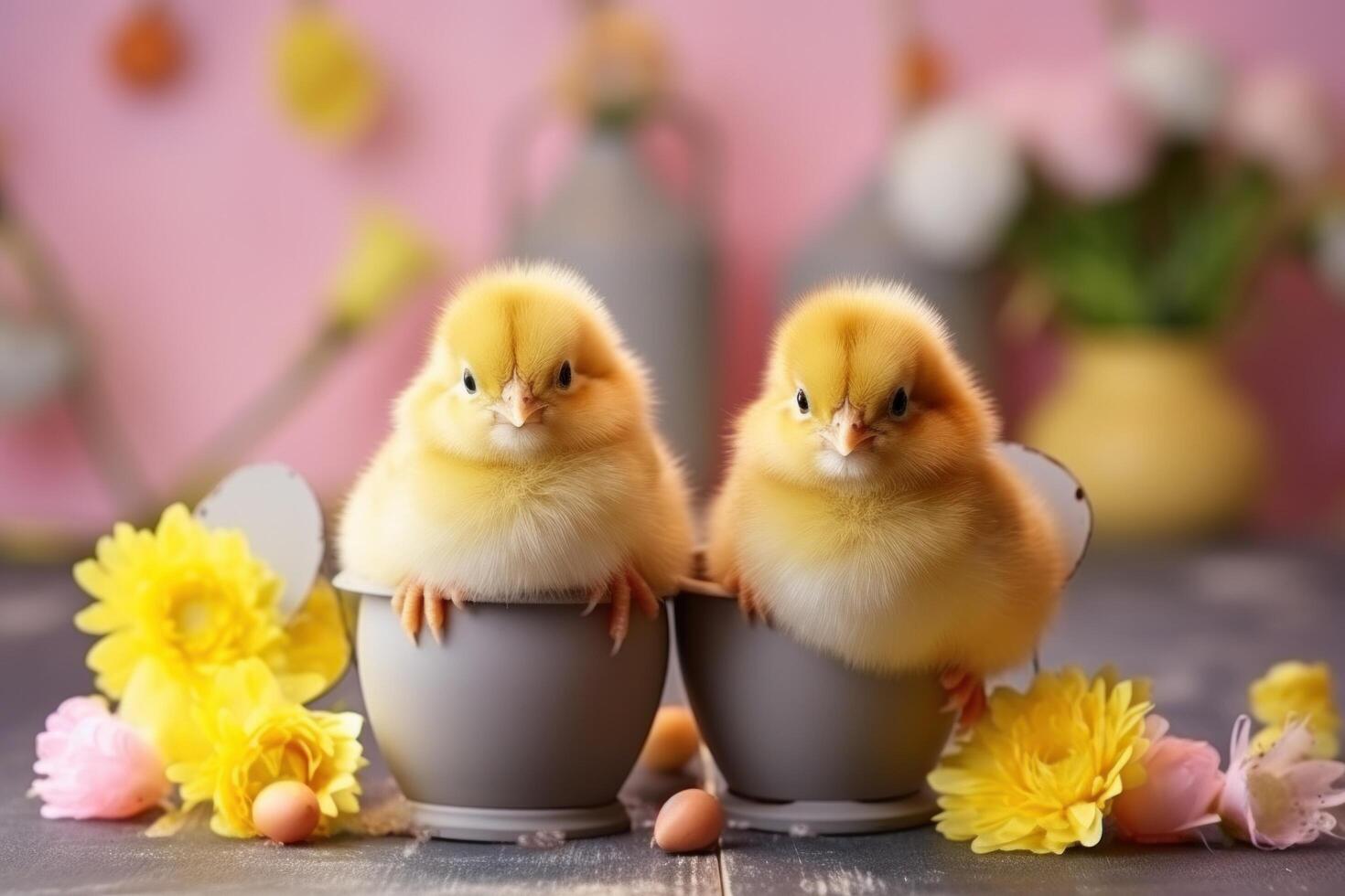 AI generated Cute chicks and Easter decorations combine to form an adorable background for stylish and festive promotions. photo