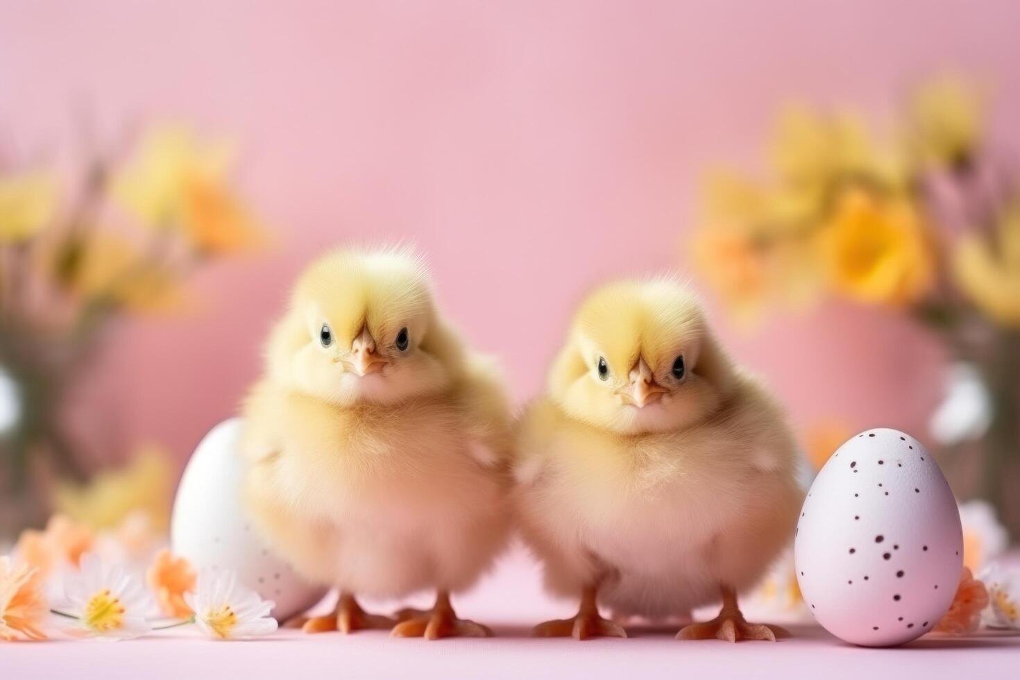 AI generated Cute chicks and Easter decorations combine to form an adorable background for stylish and festive promotions. photo