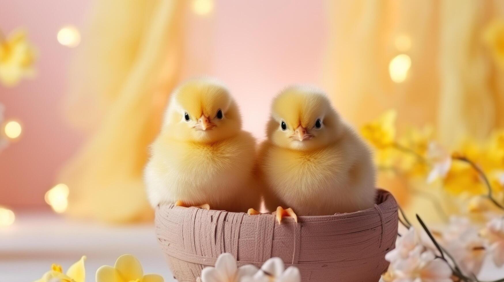 AI generated Cute chicks and Easter decorations combine to form an adorable background for stylish and festive promotions. photo