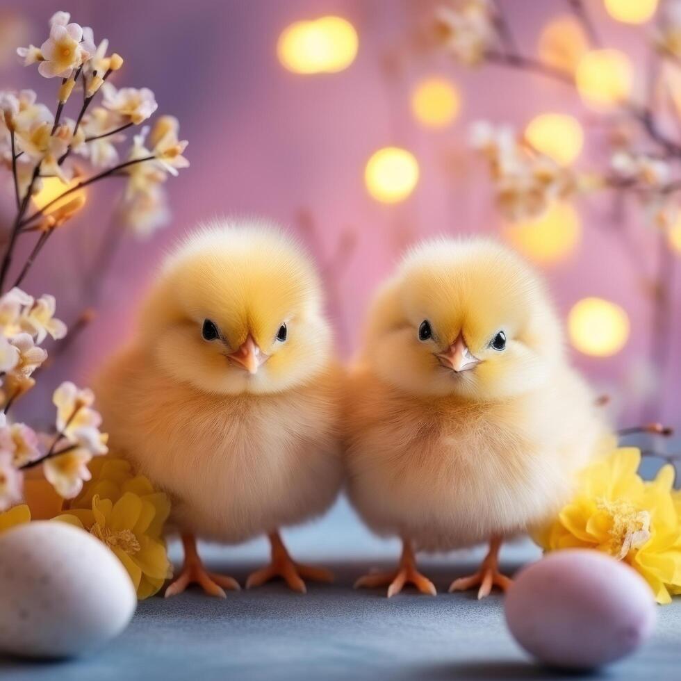 AI generated Cute chicks and Easter decorations combine to form an adorable background for stylish and festive promotions. photo