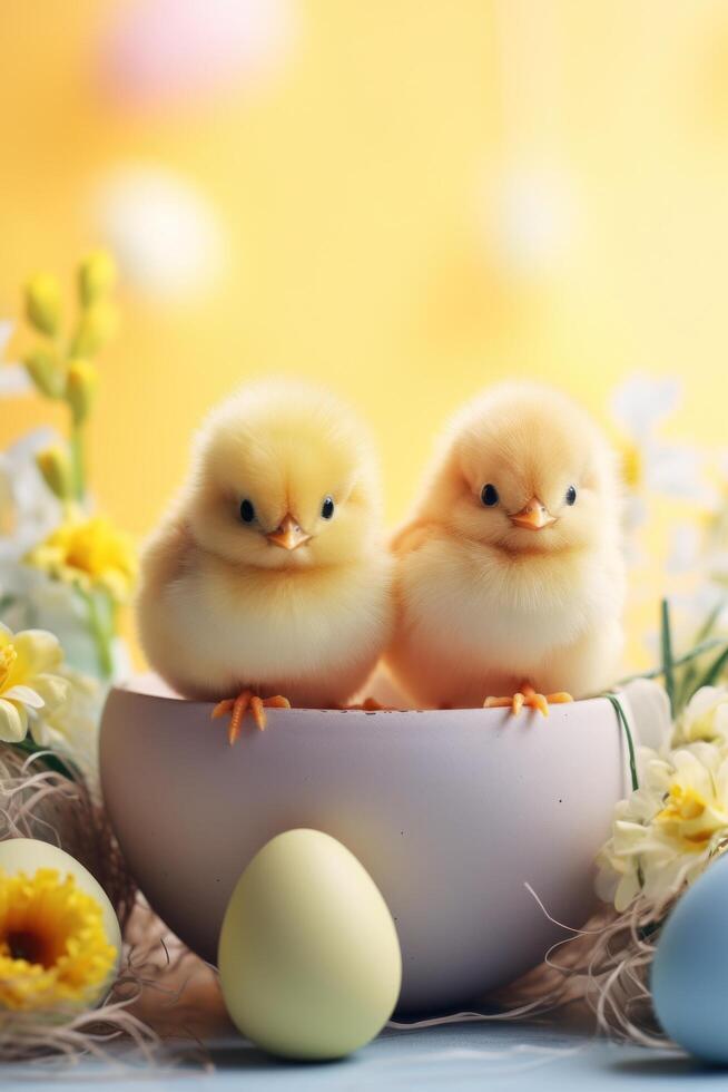 AI generated Cute chicks and Easter decorations combine to form an adorable background for stylish and festive promotions. photo