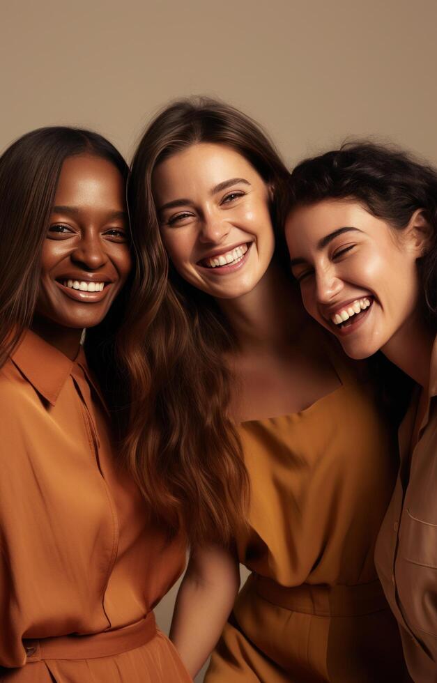 AI generated four women laugh for the camera smiling. photo