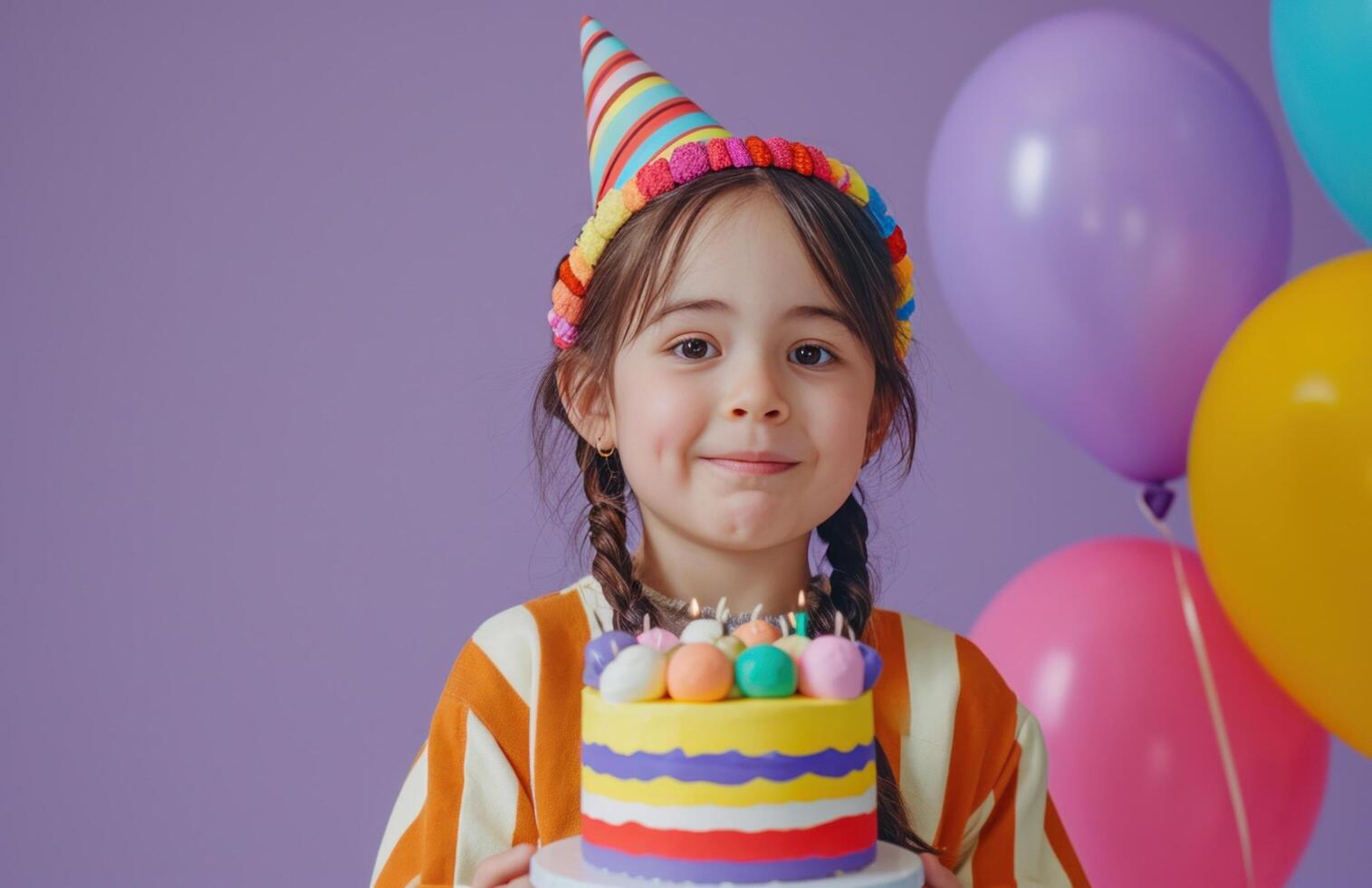 AI generated girl in colorful costume holding birthday cake and balloons happy birthday. photo