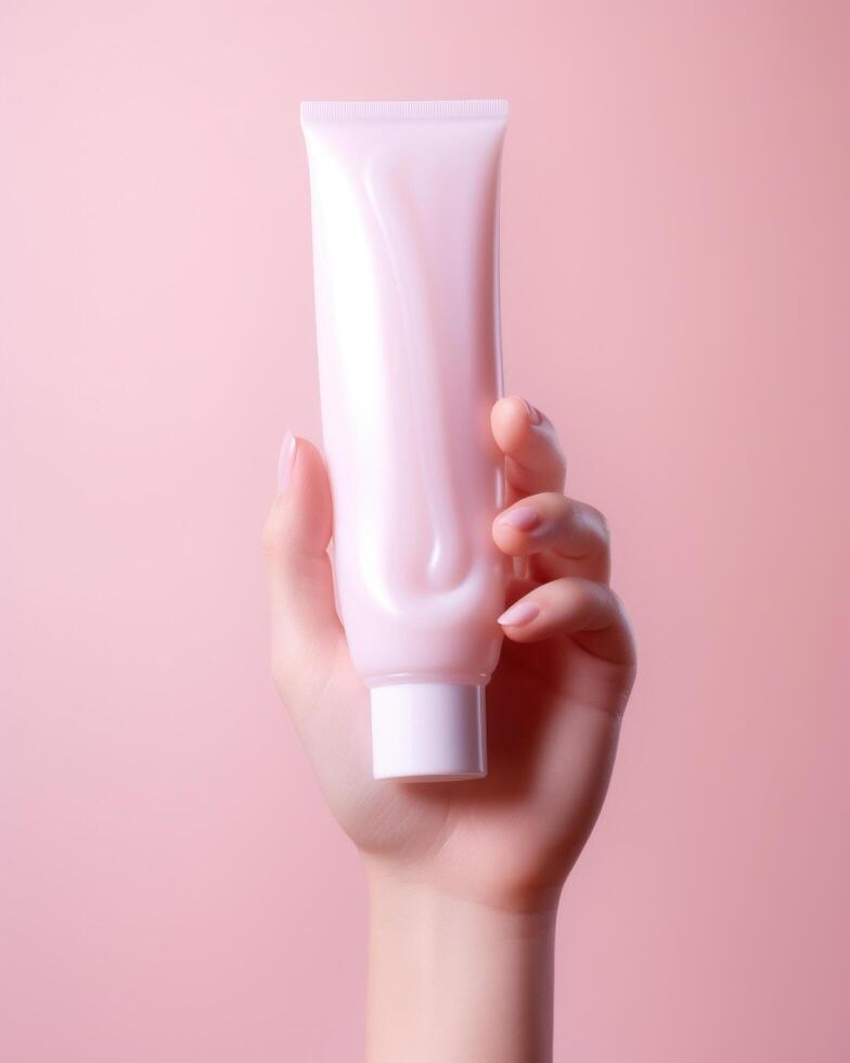 AI generated hand holding white cream tube up. photo