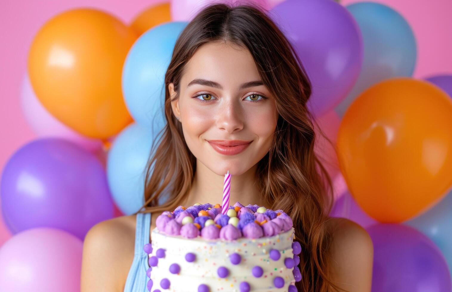 AI generated happy young woman holding birthday cake with colorful balloons. photo