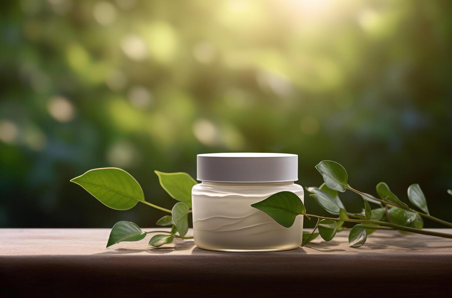 AI generated jar of minty facial cream with green leaves and leaves. photo