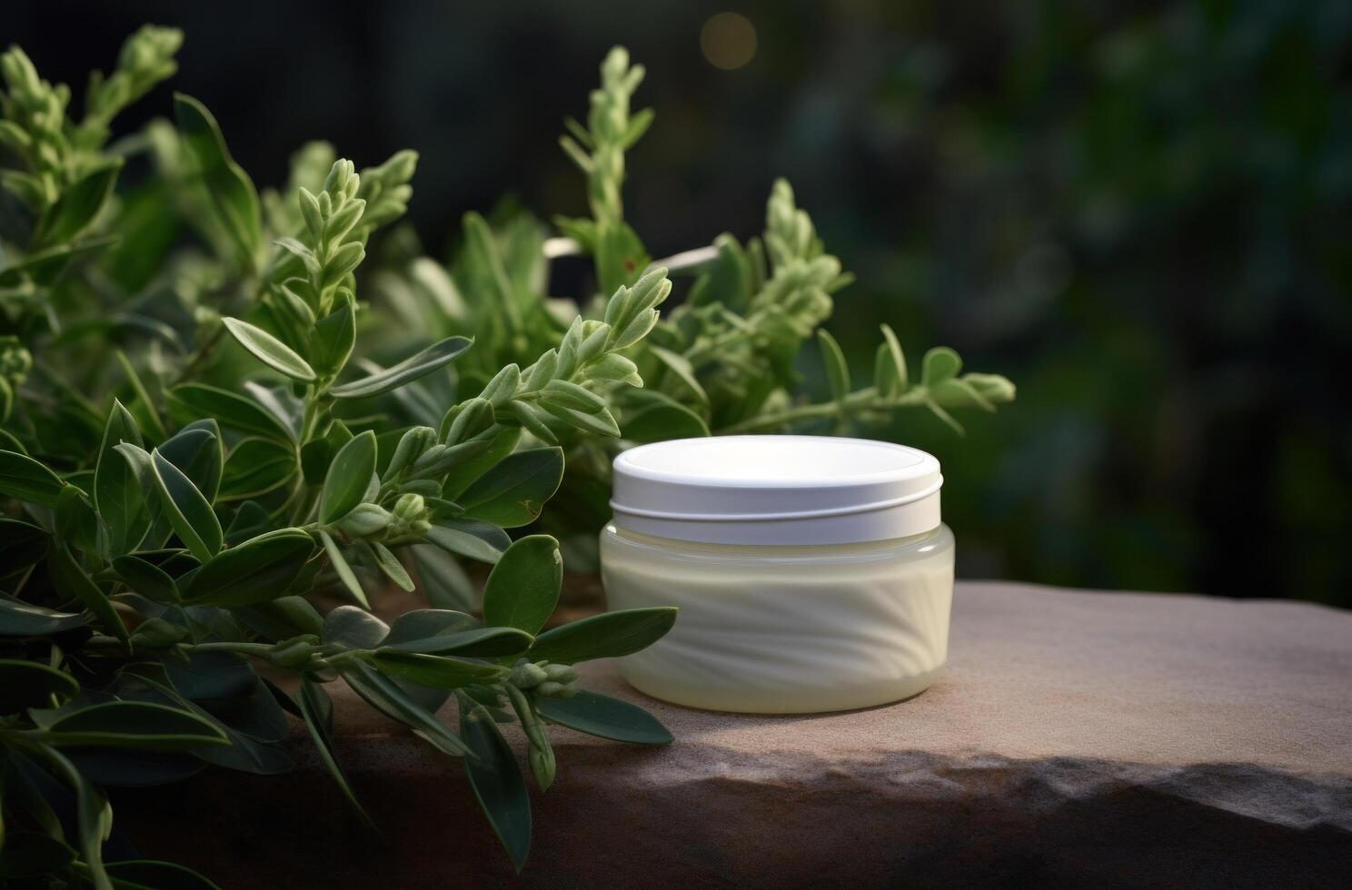 AI generated jar of minty facial cream with green leaves and leaves. photo