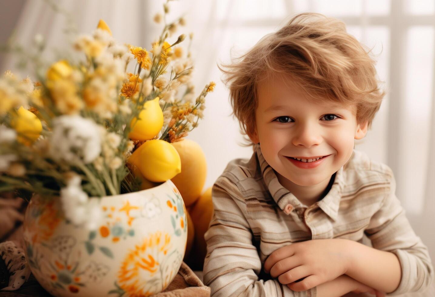 AI generated mom holding son in front of easter basket. photo