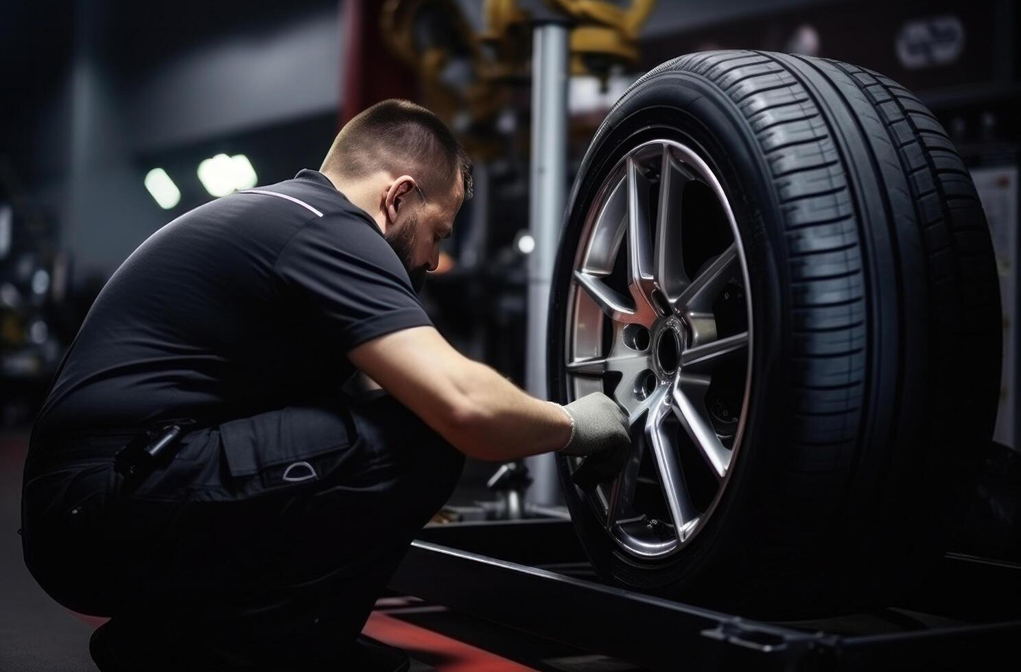 AI generated man fixing automobile tire in maintenance tire shop. photo