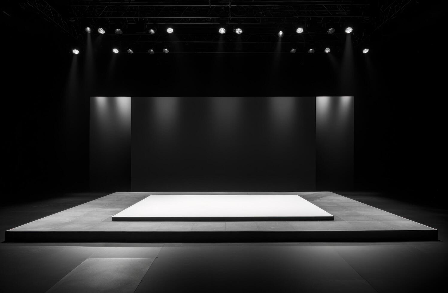 AI generated one platform on a white stage with spotlights in the background. photo