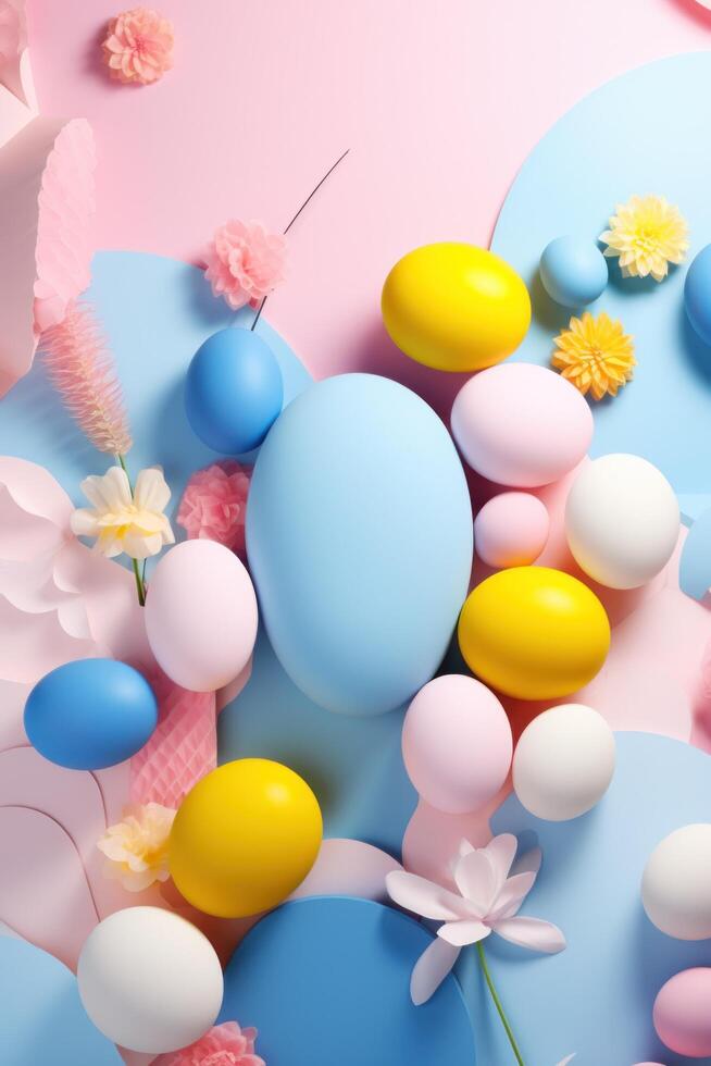 AI generated Soft hues of pink, blue, and yellow converge, providing an idyllic Easter background for advertising creativity. photo