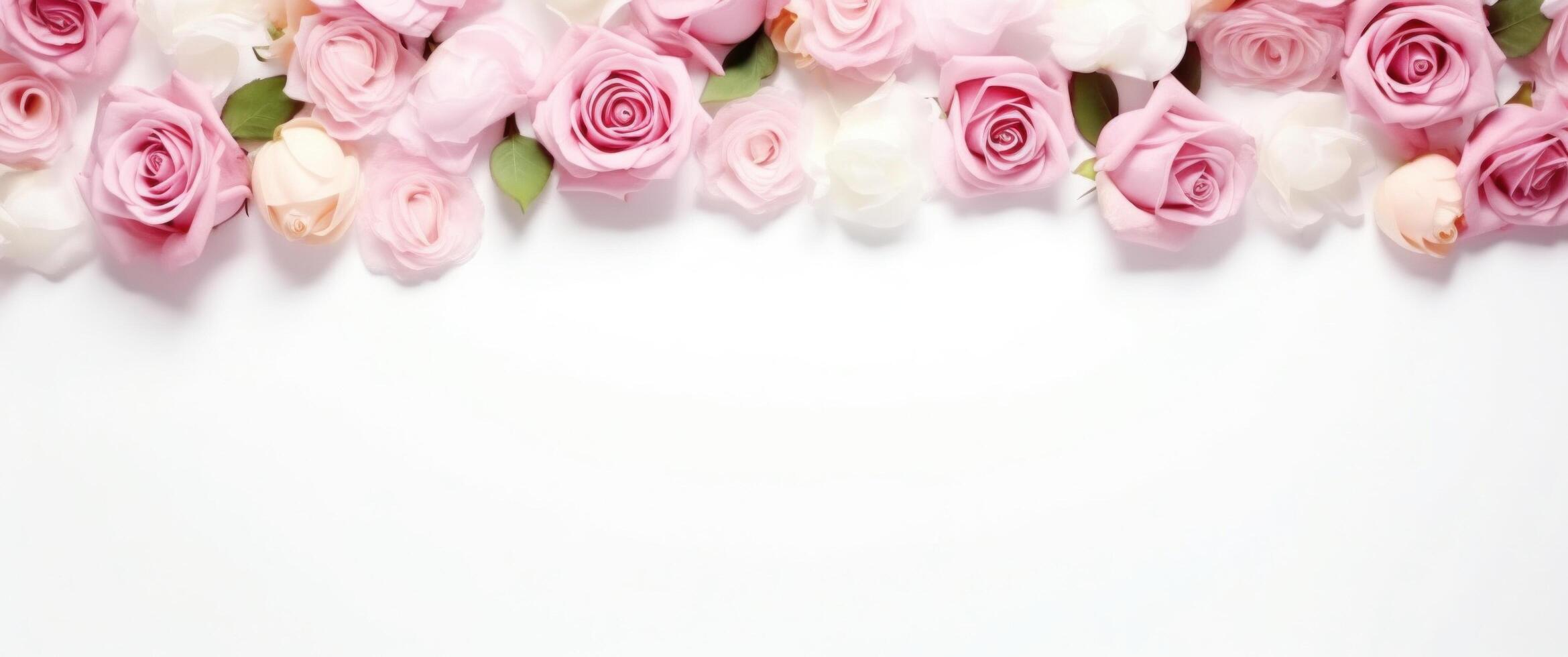 AI generated pink flower frame on white background roses. photo