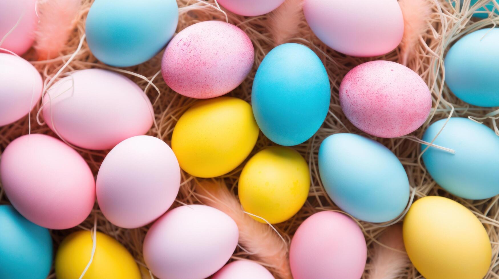 AI generated Soft hues of pink, blue, and yellow converge, providing an idyllic Easter background for advertising creativity. photo