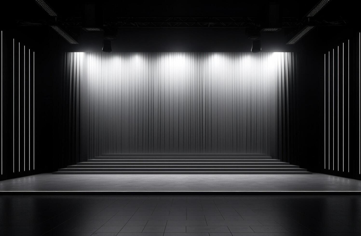 AI generated the stage with spotlights set against a black background. photo