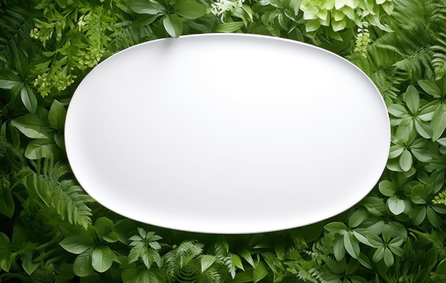 AI generated white oval plate in greenery greenery background. photo