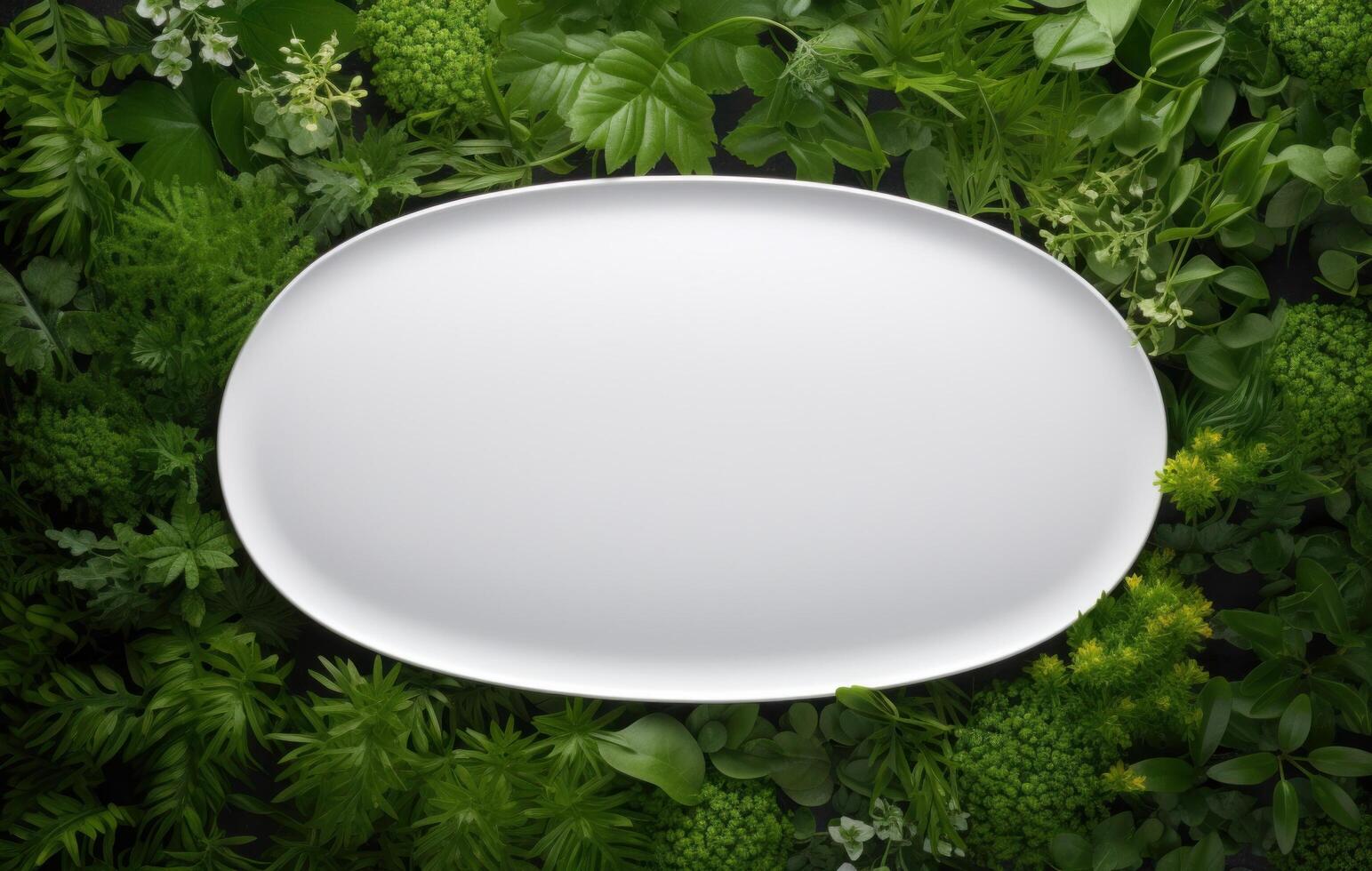 AI generated white oval plate in greenery greenery background. photo