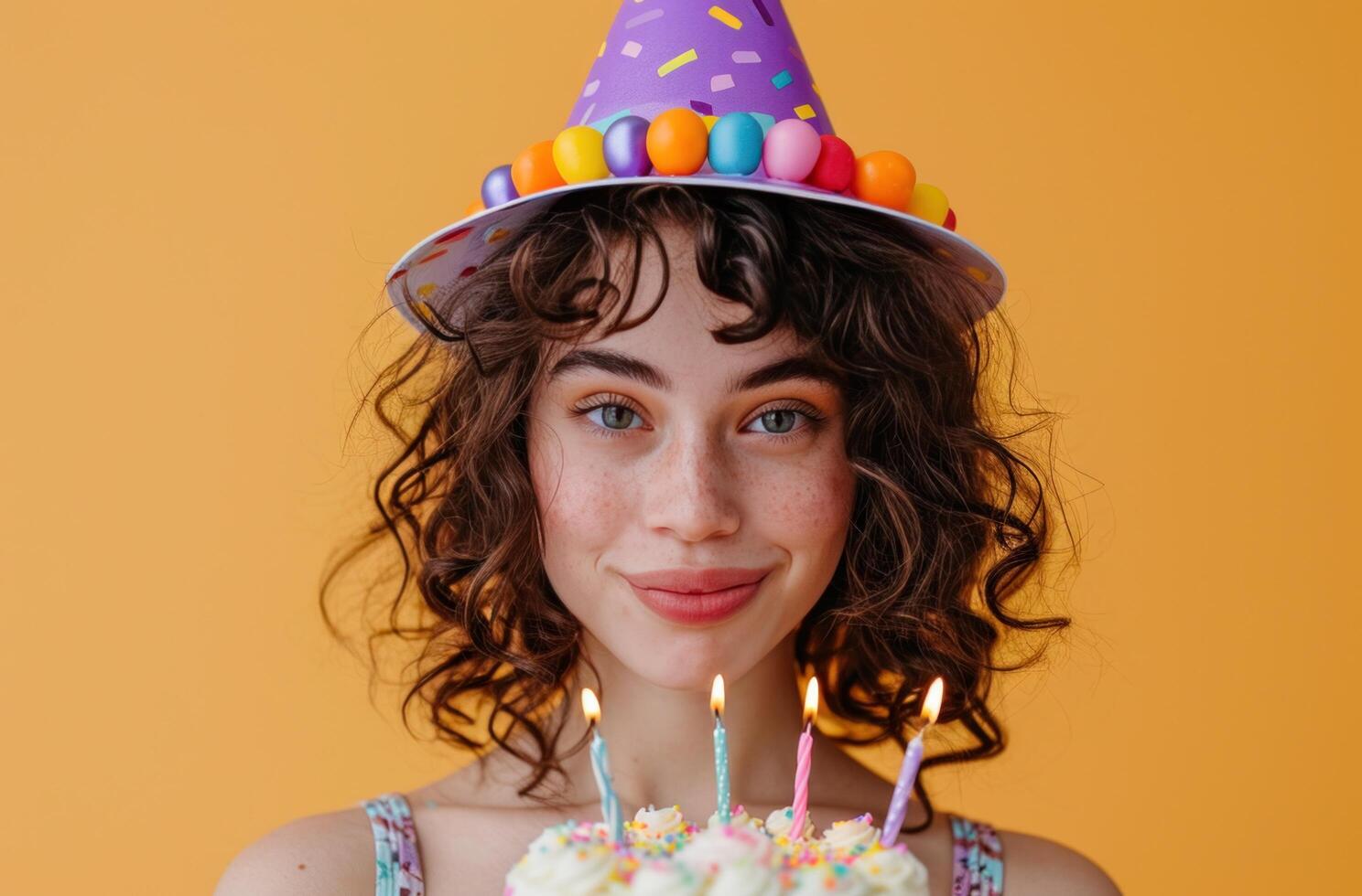 AI generated woman in birthday hat holding birthday cake. photo