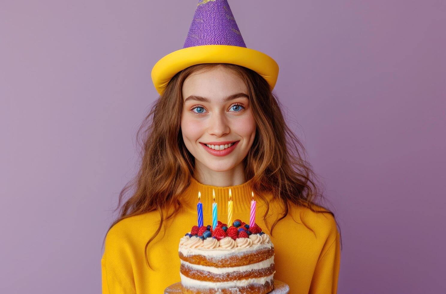AI generated woman in birthday hat holding birthday cake. photo