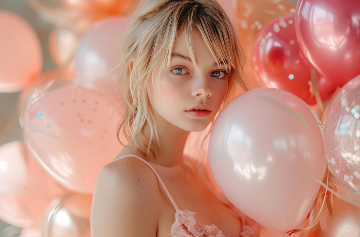 AI generated young blonde woman holding a beautiful bunch of balloons photo