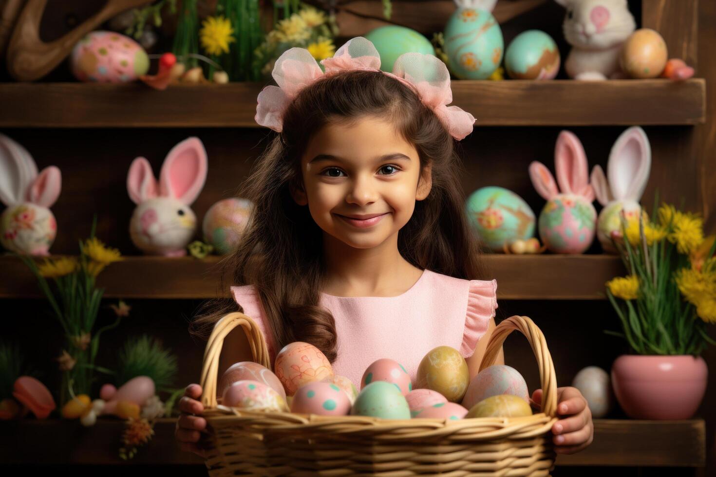AI generated young girl holding basket of easter eggs in Easter ears. photo