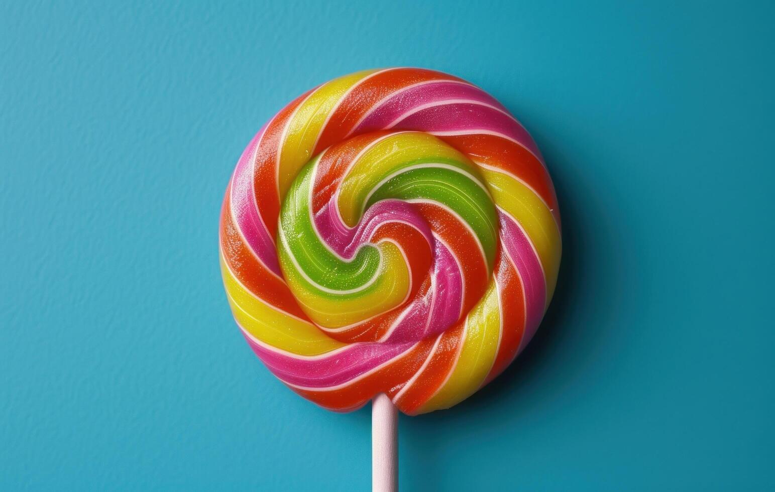 AI generated a multicolored lollipop lies on a blue background photo