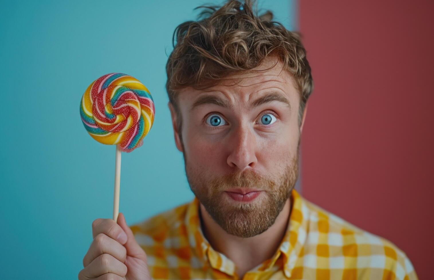 AI generated a man holding a colorful lollipop in his hand photo