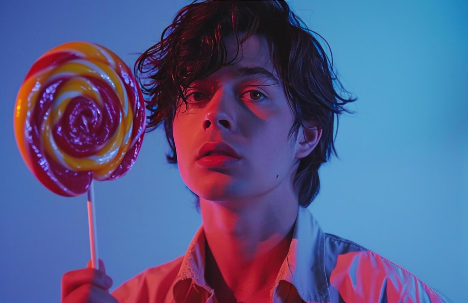 AI generated a man is holding up a lollipop in front of a blue background photo