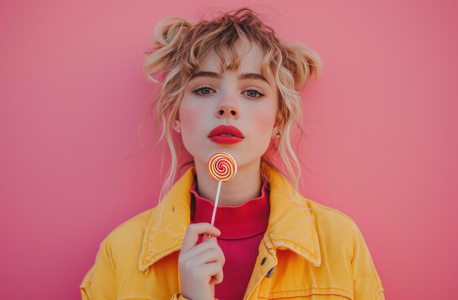 AI generated young woman holding an lollipop on pink background photo