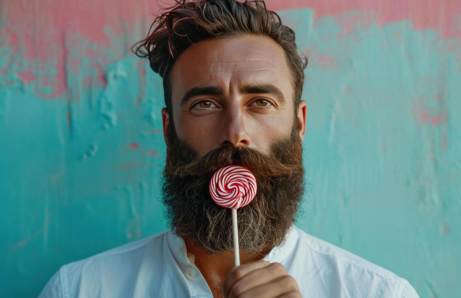 ai generado un de miedo barba vistiendo un blanco camisa con un pirulí en su boca foto