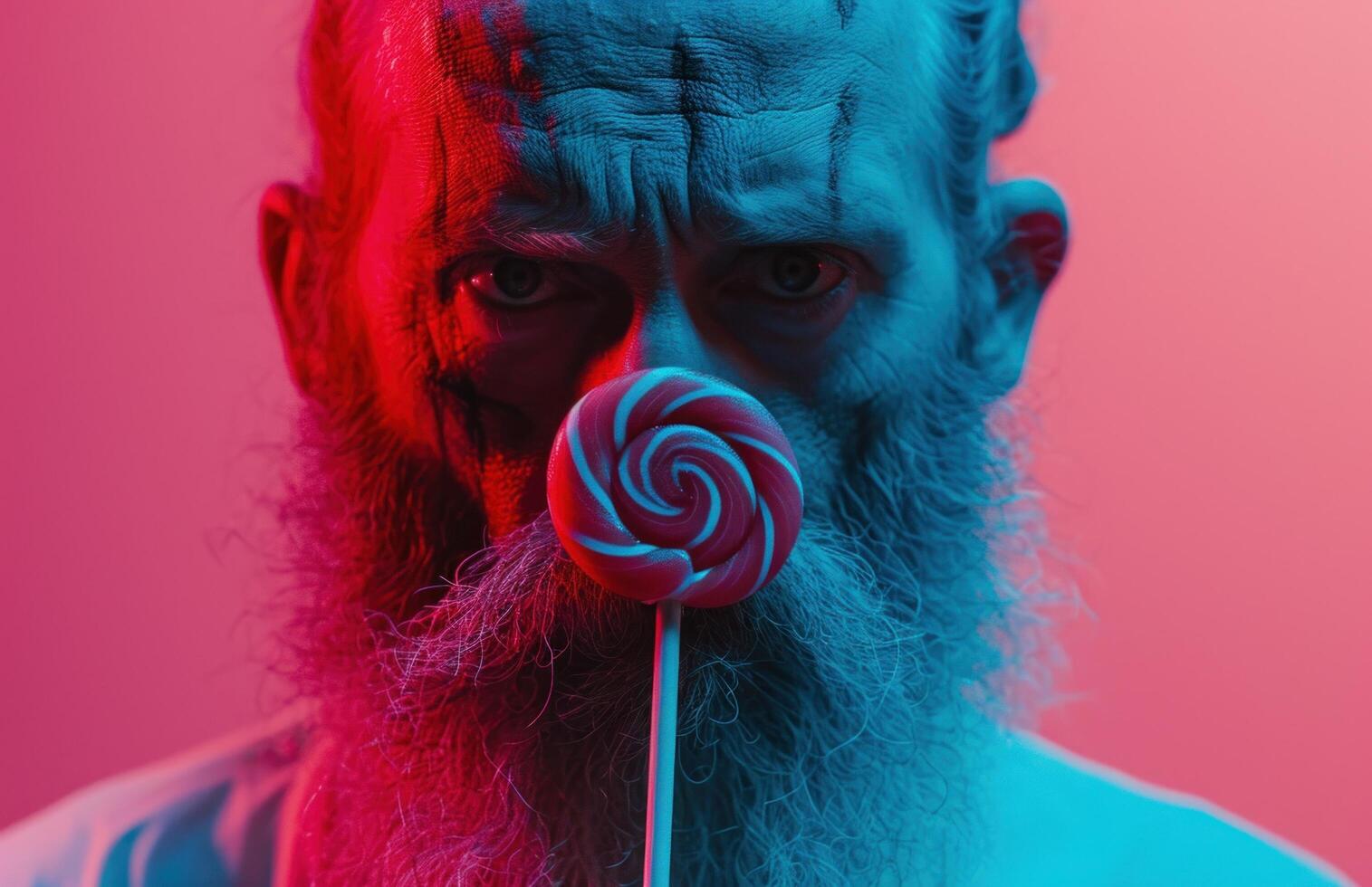 AI generated a scary beard wearing a white shirt with a lollipop in his mouth photo