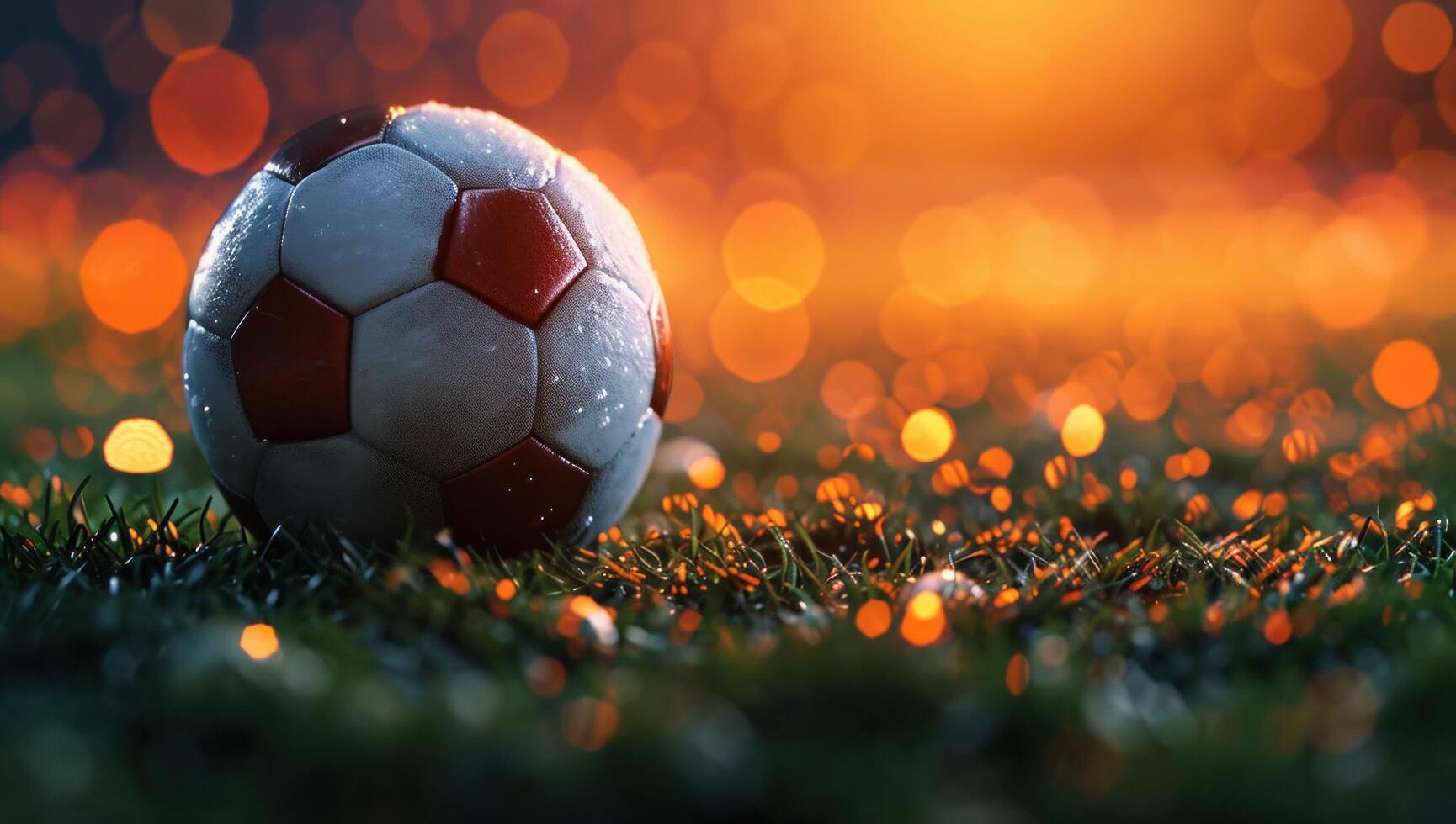 AI generated a soccer ball reflects light on a dark soccer field with lights shining photo