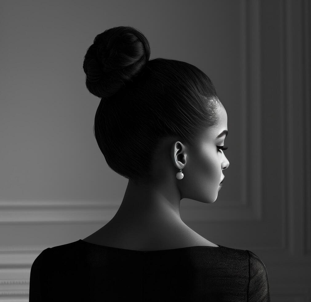 AI generated a woman with a bun in her hair is wearing an elegant dress photo