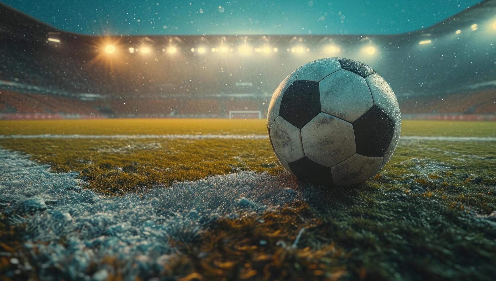 AI generated an image of a soccer ball inside an empty stadium at night photo