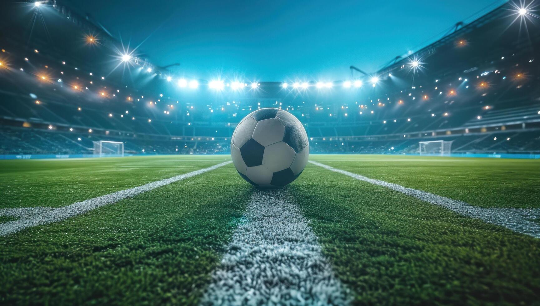 AI generated an image of a soccer ball inside an empty stadium at night photo