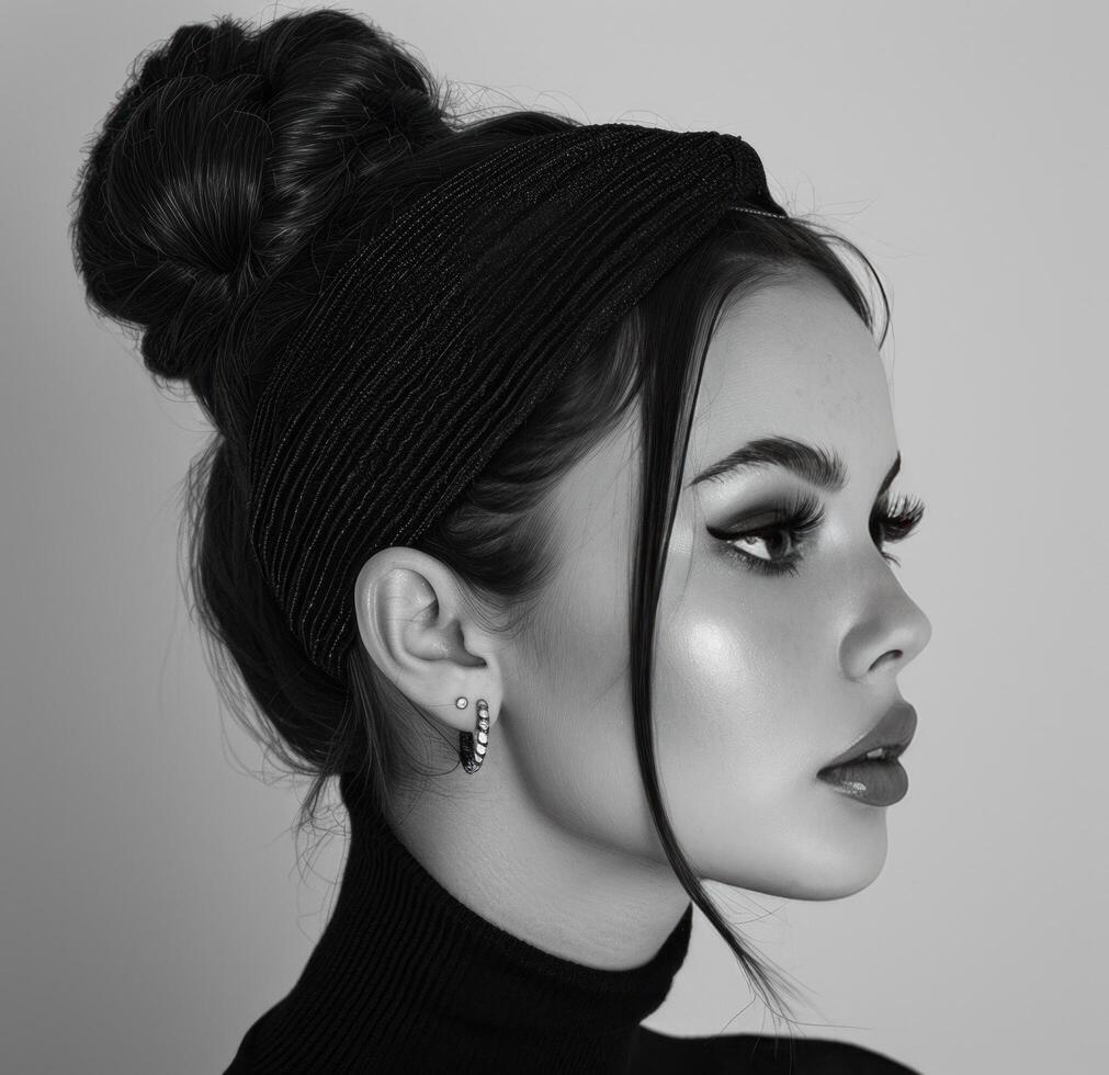AI generated black and white black photograph of a woman with high bun head photo