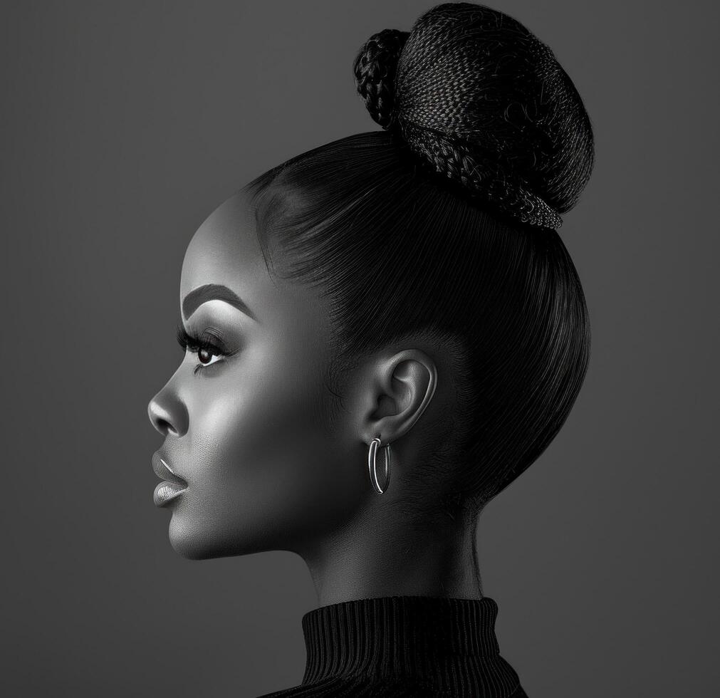 AI generated black and white black photograph of a woman with high bun head photo