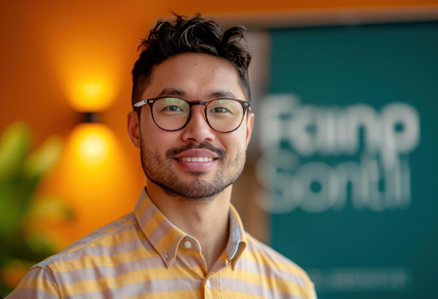 ai generado joven hombre sonriente a cámara en lentes en verde antecedentes foto