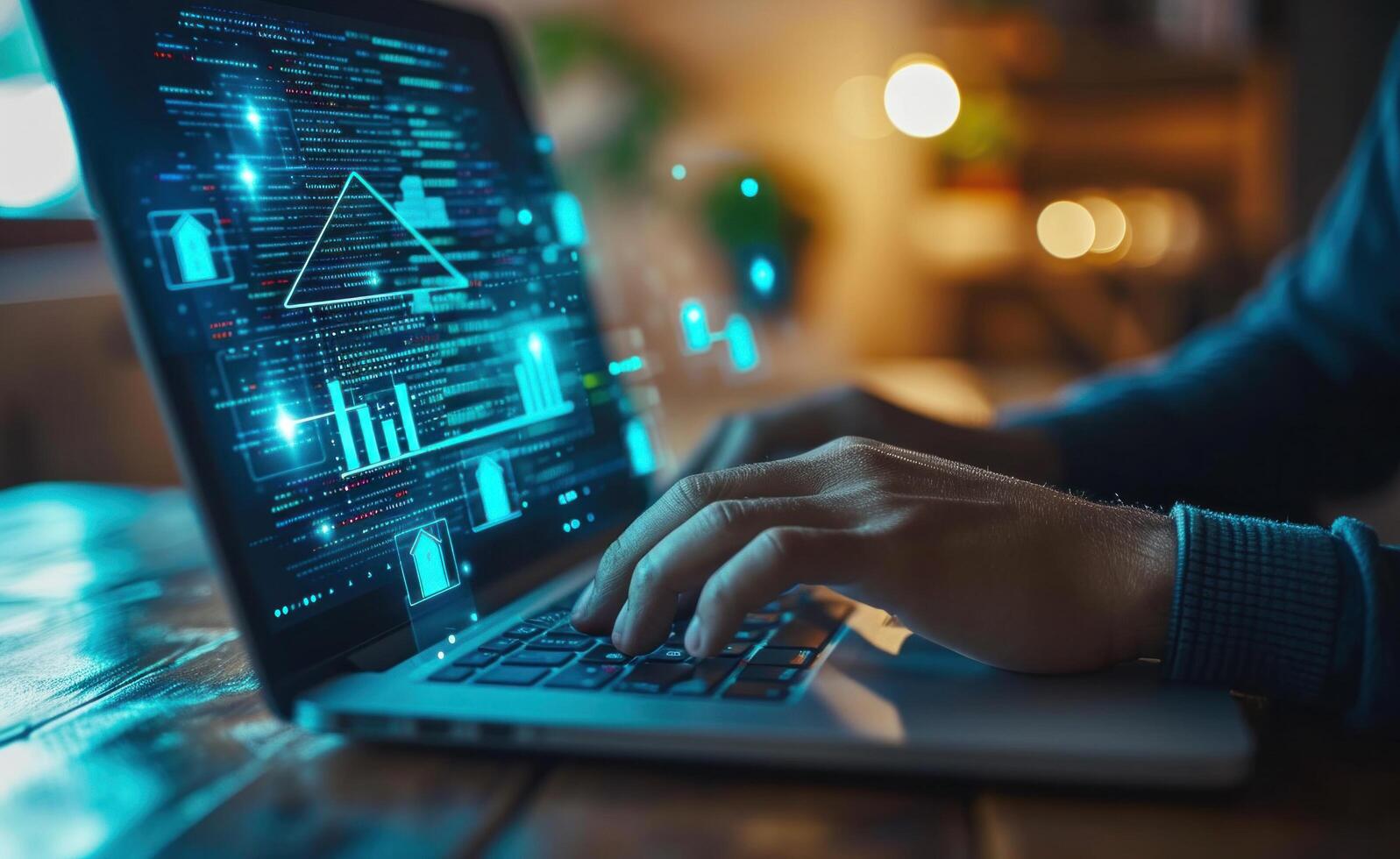AI generated a man is using a laptop with graphs on it and a house symbol on it photo