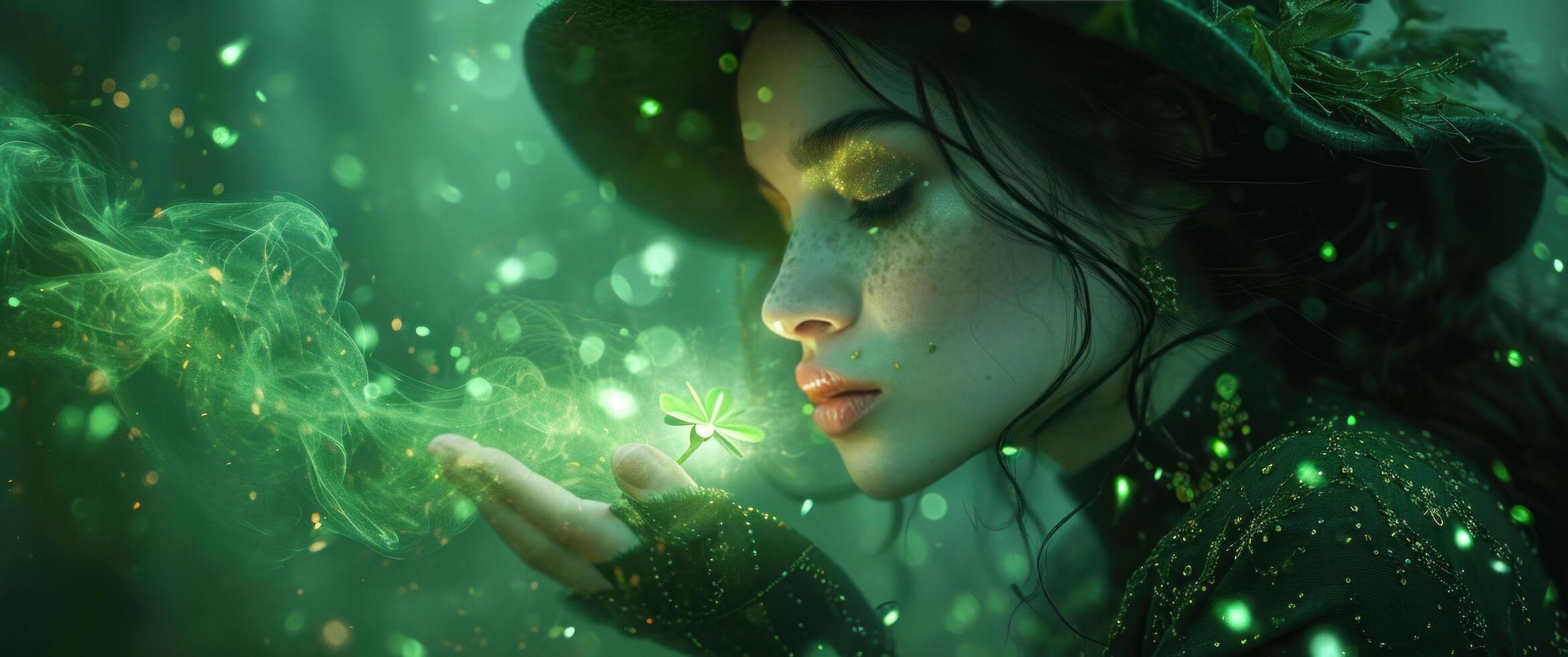 AI generated a woman in green wears a hat and blows out a shamrock photo