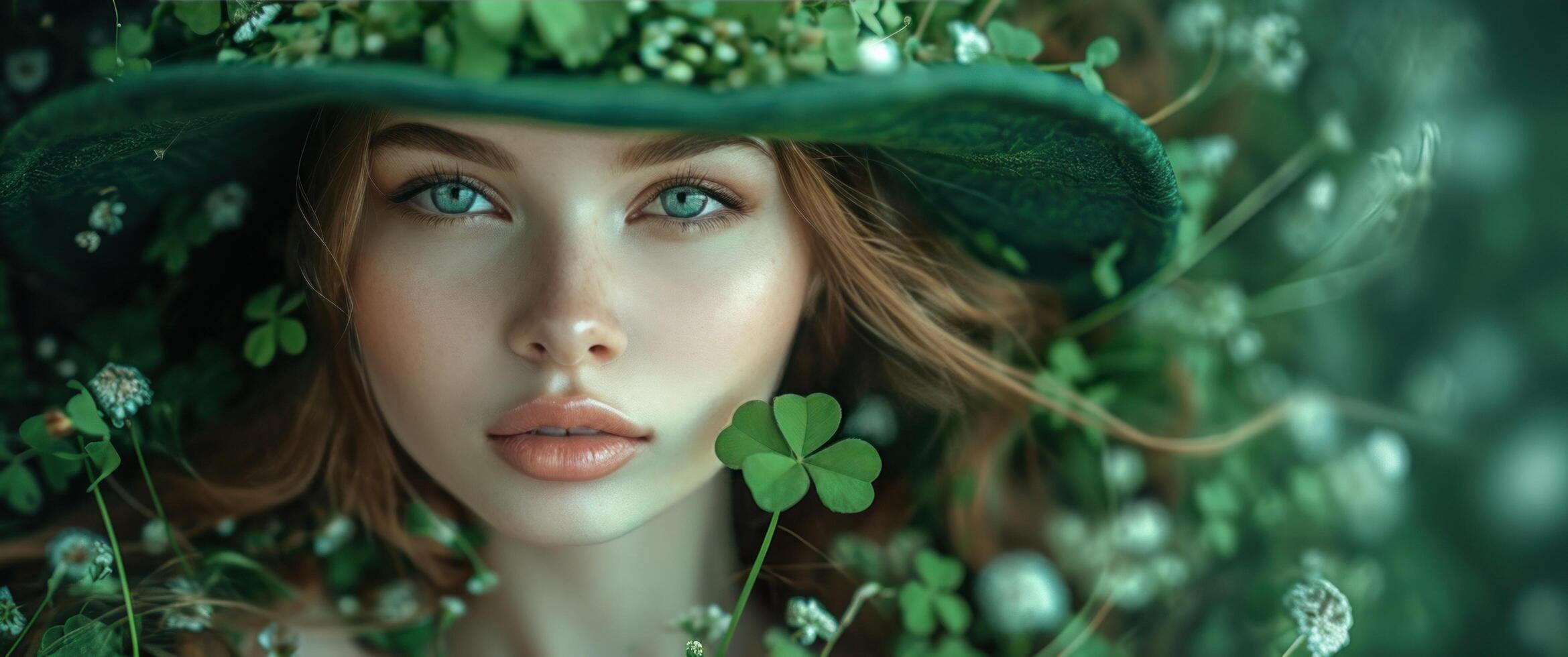 AI generated happy st patrick day 2019 girl with a green hat holding shamrock leaves photo