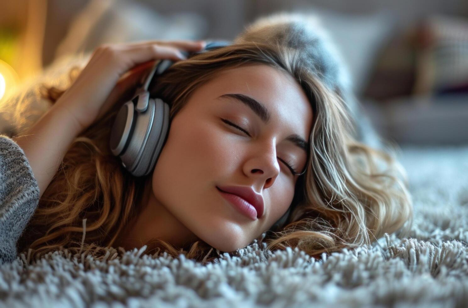 AI generated a woman is laying on her head on carpet while wearing headphones and listening to music photo