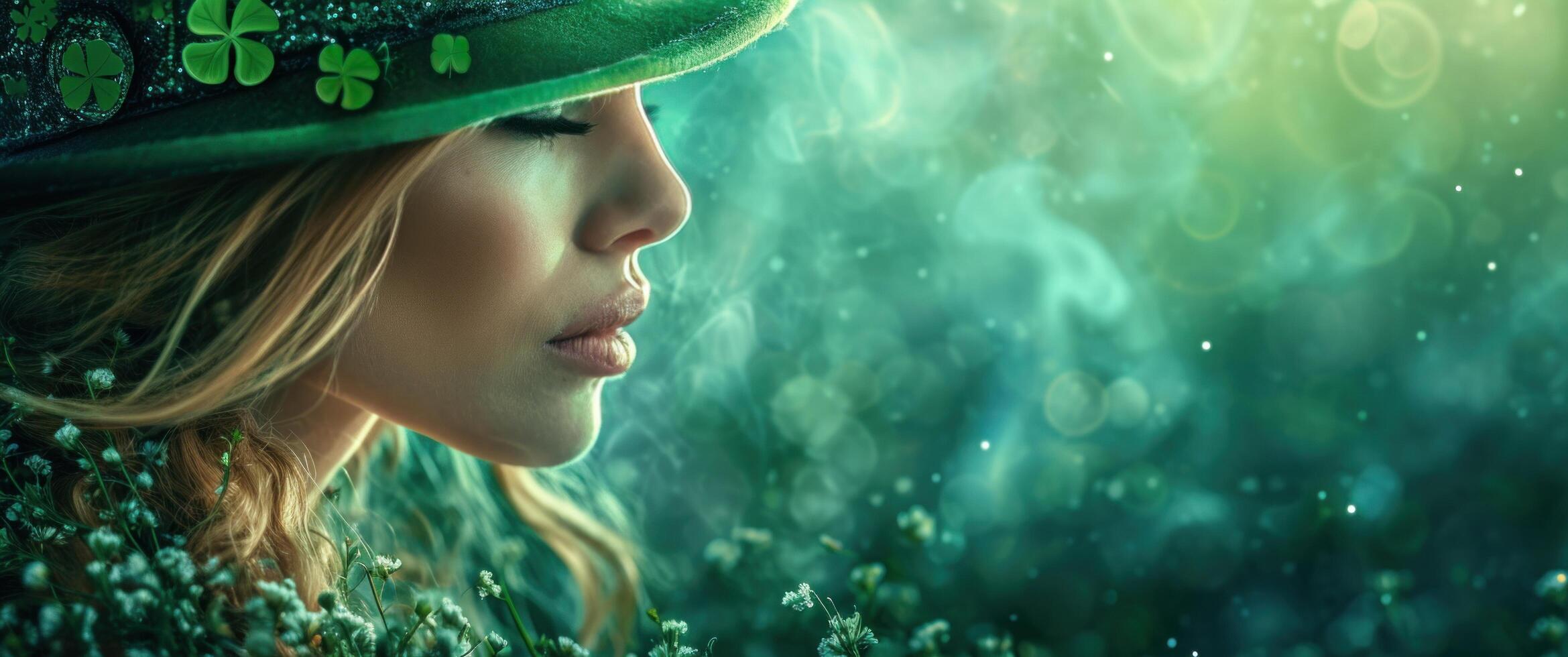 AI generated st patrick's day woman in green hat on shamrock background photo