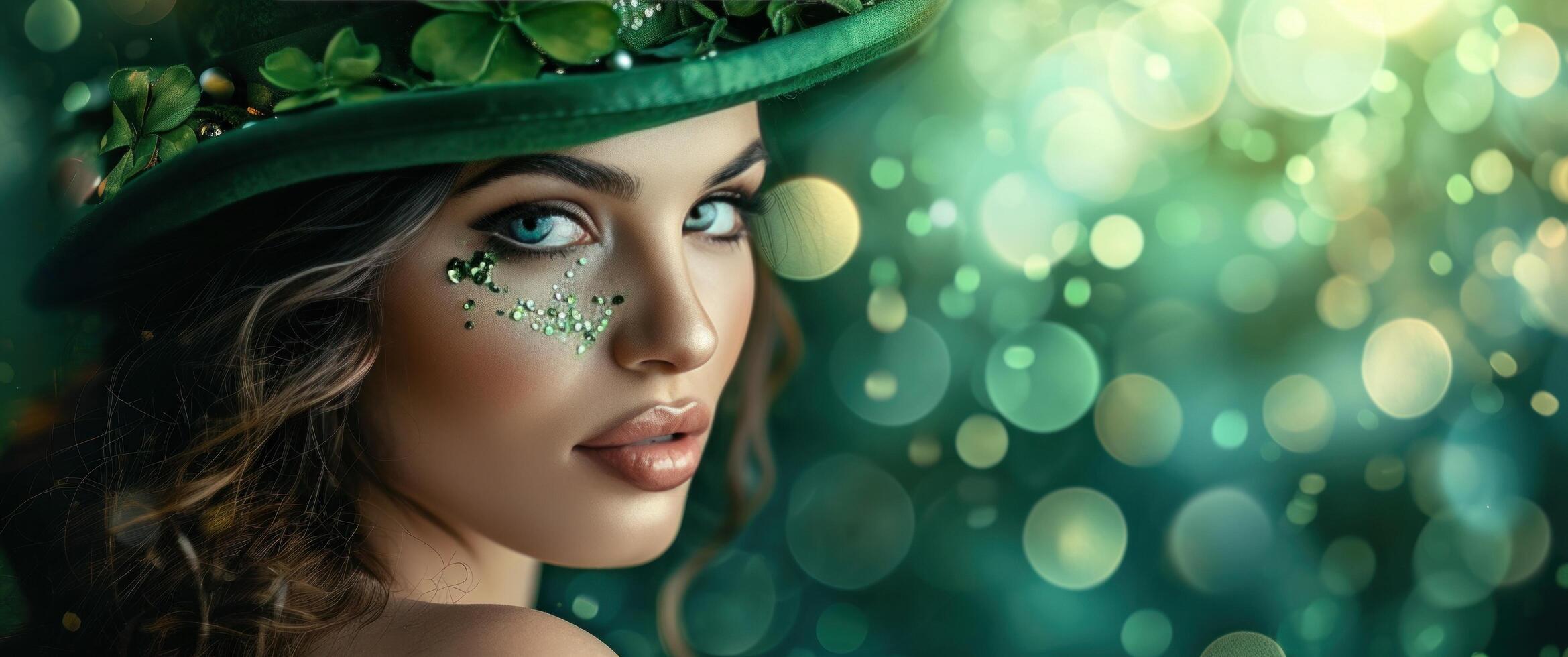 AI generated st patrick's day woman in green hat on shamrock background photo