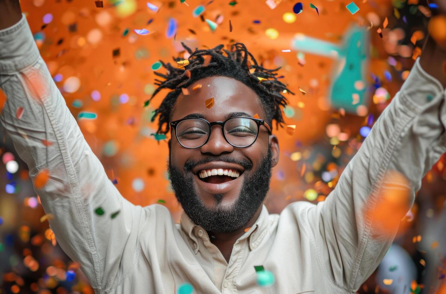 AI generated black man laughing with his arms raised during a birthday party photo