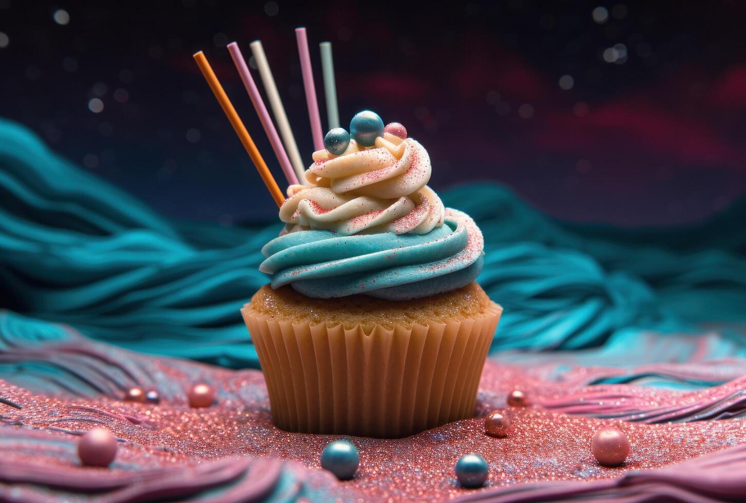 AI generated colorful cupcakes with colorful sticks of sparkles as part of an edit photo