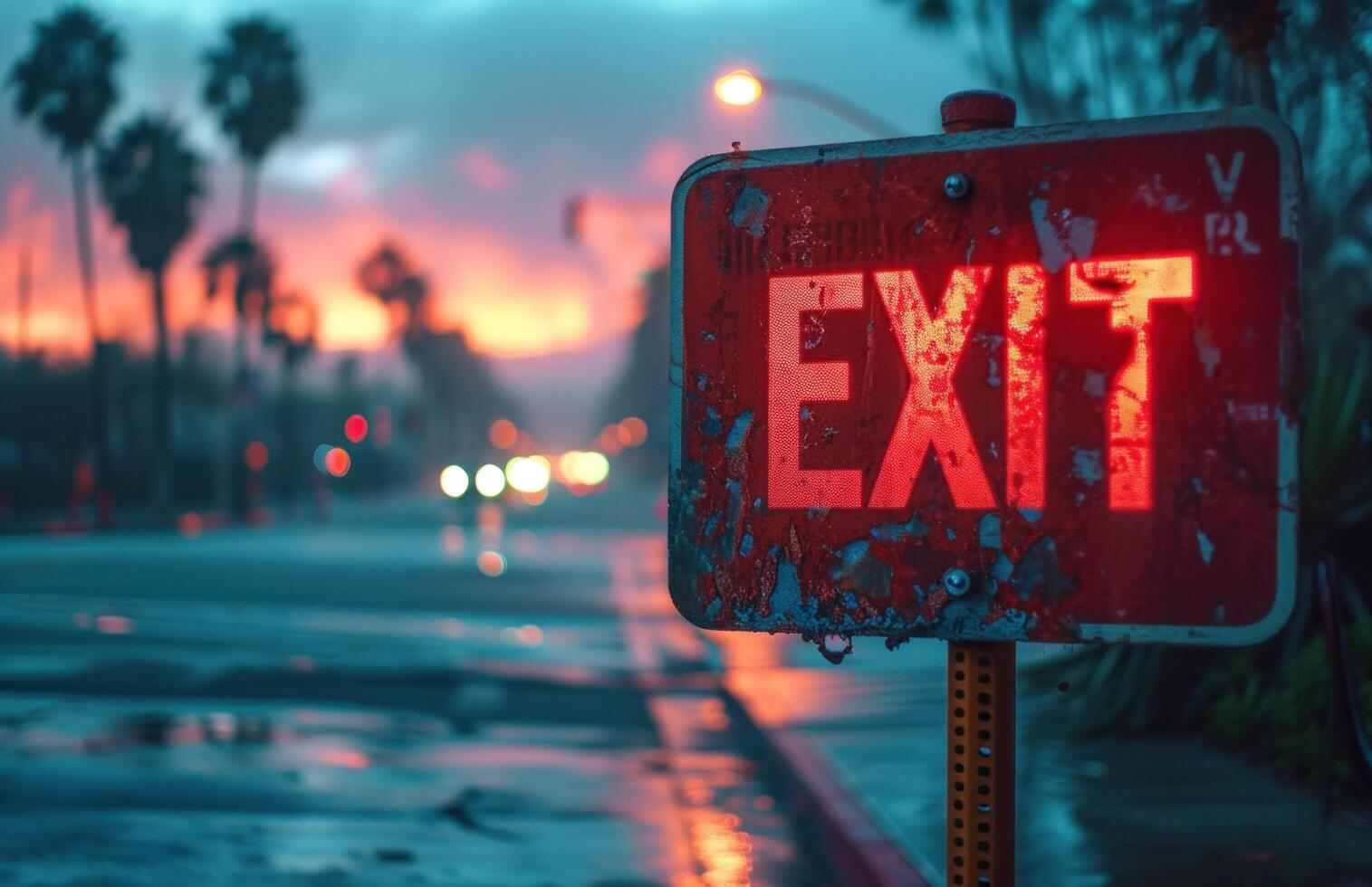 AI generated an exit sign is painted red near the sunset photo