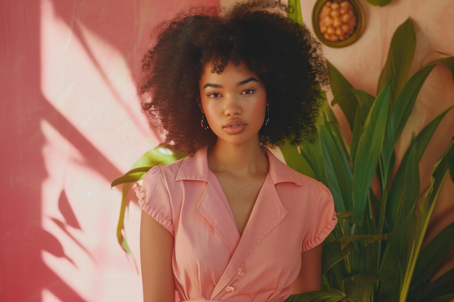 AI generated model in pink jumpsuit standing in front of a plant photo