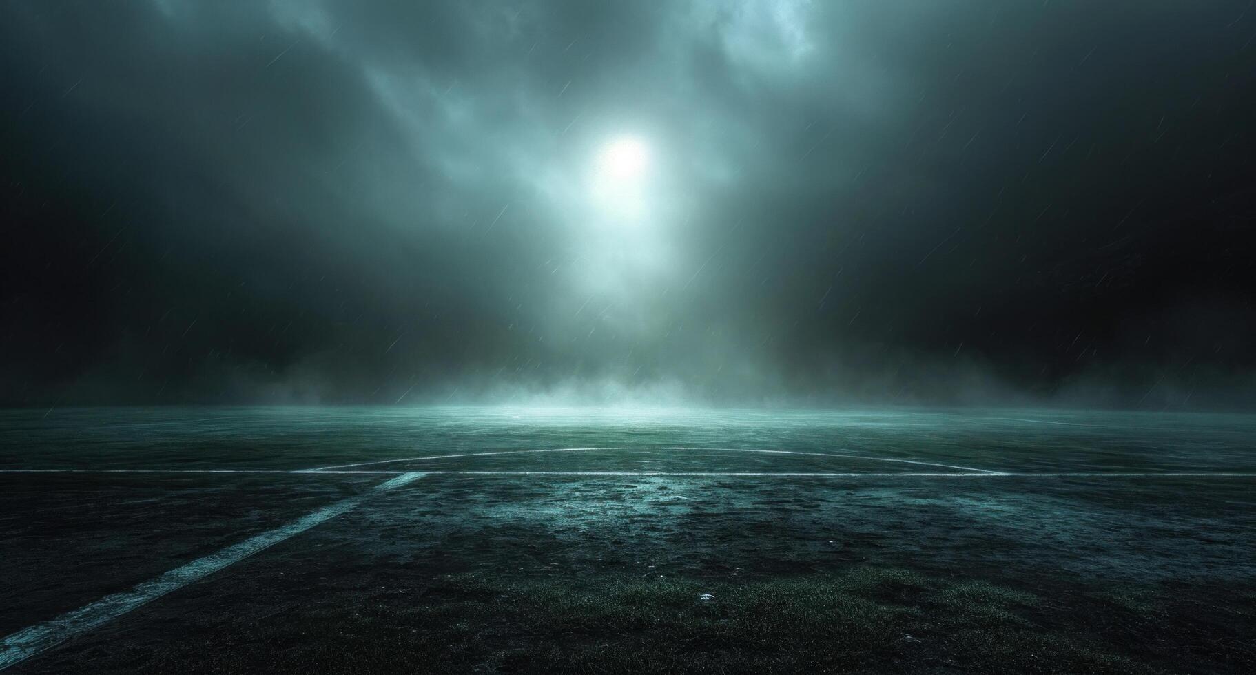 AI generated dark football pitch with light coming from a spotlight that shines on it photo